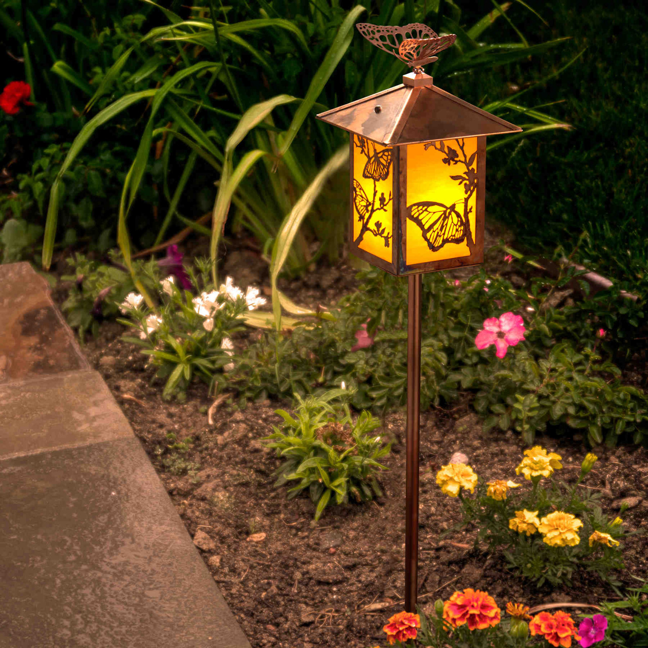 Craftsman Style Garden Lantern on Post | Butterfly Filigree