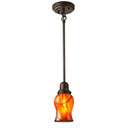  A reproduction Craftsman style bungalow pendant light fixture on a stem. It has an oil-rubbed bronze finish and an illuminated tulip shaped, blown glass shade with a cherry blossom pattern. 