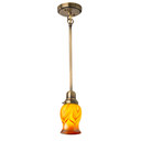  A reproduction Craftsman style bungalow pendant light fixture on a stem. It has an antique finish and an illuminated tulip shaped, red feather glass shade.