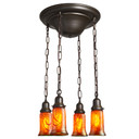  A traditional, Victorian or transitional Craftsman style chandelier with an oil-rubbed bronze finish and four lanterns on chains. The lanterns have illuminated, trumpet-shaped blown glass shades with a cherry blossom design.