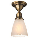  A traditional, Victorian transitional Craftsman style ceiling light fixture with an aged finish and a frosted Art Deco shade.