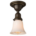  A traditional, Victorian transitional Craftsman style ceiling light fixture with an oil rubbed bronze finish and a milky white, bell shaped glass shade.