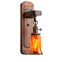  A wall mounted Arts & Crafts style sconce light fixture with a thick wood backplate featuring rounded corners and ebony accents. The lantern hangs from a thick wood arm, has a turn key socket, an oil rubbed bronze finish and an illuminated, trumpet shaped cherry blossom blown glass shade.