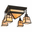  A pointed Craftsman ceiling mounted light fixture inspired by an antique lantern. It has an oil rubbed bronze finish and golden glass, and features four additional metal-framed lanterns with an arrow design hanging from the corner of the main fixture.