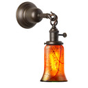 A Craftsman style wall sconce with a hook on the arm, an oil rubbed bronze finish, turn key socket and an illuminated,  trumpet shaped cherry blossom blown glass shade.