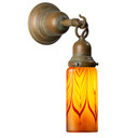  A Craftsman style wall sconce with a hook on the arm, an aged patina finish and an illuminated, cylindrical blown glass shade with a red feather design.