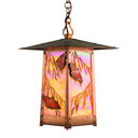  Pacific Grove pendant light with copper finish and Asian-inspired pagoda roof, suspended by decorative chain. Illuminated orange glass panels feature monarch butterflies and eucalyptus leaves in Arts & Crafts style.