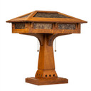  Arts & Crafts desk lamp with prairie-inspired architecture showcasing quarter-sawn oak construction, geometric cutouts, and natural mica panels for period-perfect task lighting.