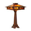  Prairie-Craftsman table lamp featuring quarter-sawn oak construction with amber mica shade panels and dual pull-chain switches. Handcrafted period-perfect lighting with Arts & Crafts architectural detailing and warm wood finish.