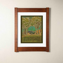  Arts & Crafts style print by Julie Leidel featuring stylized forest landscape with stained glass-like outlines depicting two diverging paths through trees, in shades of green, turquoise, and amber. The artwork includes Robert Frost's famous quote 
