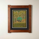  Arts & Crafts style print by Julie Leidel featuring stylized forest landscape with stained glass-like outlines depicting two diverging paths through trees, in shades of green, turquoise, and amber. The artwork includes Robert Frost's famous quote 