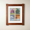  Arts & Crafts style seasonal print by Julie Leidel featuring four tree panels representing the cycle of seasons. The artwork displays 