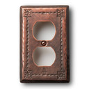  Craftsman style copper outlet plate with four corner flower motifs and rope border trim. This period-perfect hardware features decorative elements characteristic of Arts & Crafts metalwork traditions.