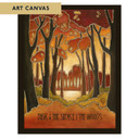  Arts & Crafts style canvas print by Julie Leidel titled 'Bask in the Silence of the Woods' featuring stylized autumn forest scene with silhouetted trees, rich orange and red foliage, and distinctive stained glass-like outlines in warm earth tones.