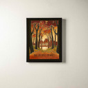  Arts & Crafts style canvas print by Julie Leidel titled 'Bask in the Silence of the Woods' featuring stylized autumn forest scene with silhouetted trees, rich orange and red foliage, and distinctive stained glass-like outlines in warm earth tones.