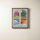  Arts & Crafts style seasonal canvas print by Julie Leidel featuring four tree panels representing the cycle of seasons. The artwork displays 