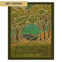  Arts & Crafts style canvas print by Julie Leidel featuring stylized forest landscape with stained glass-like outlines depicting two diverging paths through trees, in shades of green, turquoise, and amber. The artwork includes Robert Frost's famous quote 