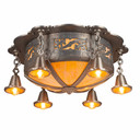  Illuminated Spanish Revival ceiling fixture with six Edison bulbs in pewter bell shades and central iridescent glass dome. Arts & Crafts lighting featuring hand-hammered metalwork with ornate scrollwork and warm amber illumination.