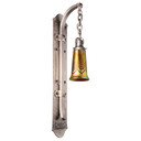  Tudor Revival or early-20th-century style wall sconce with hand-hammered pewter backplate featuring curved arm and chain-hung blown glass shade with feathered pattern. 