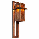  Three-quarter view of a Prairie School wall sconce with red-stained, quarter-sawn oak frame and amber glass panels featuring traditional Arts & Crafts design. Period-perfect lighting with geometric elements and warm wood construction for historically-inspired interiors.