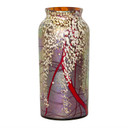  A handblown glass lampshade with a cherry red, white and iridescent cherry blossom design. The shade is cylindrical.