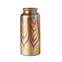 A cylindrical, blown glass shade for light fixtures with a red feather pattern and an iridescent sheen.