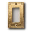  A hammered brass, deco-button switch plate cover with a shiny, antique finish.
