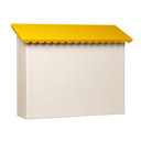 Angled view of a large bone white mailbox with a bright yellow scalloped roof.