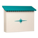  A large glossy white and teal mailbox with a scalloped roof and machined starburst design on the front panel.