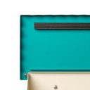  Glossy teal finish mailbox with the scalloped lid open showing a rubber strip for soft close feature.