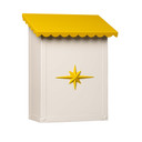  A glossy white and yellow vertical mailbox with a scalloped roof and machined starburst design on the front panel.