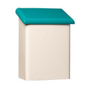  A vertical, bullnosed Mid-Century Modern style mailbox with a teal lid.