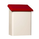  A vertical, bullnosed Mid-Century Modern style mailbox with a red lid.
