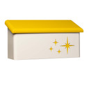  A horizontal, bullnosed Atomic Age or Googie style mailbox with a yellow lid and a cutout pattern of four radiating stars.