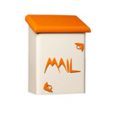  A rectangular, vertical wall-mounted mailbox with a cream-colored base and a bright orange roof. The word 