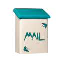  A rectangular, vertical wall-mounted mailbox with a cream-colored base and a teal roof. The word 
