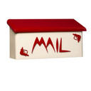  A rectangular, wall-mounted mailbox with a cream-colored base and a bright red roof. The word 