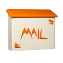  A large wall-mounted mailbox with a cream-colored base and a bright orange roof. The word 