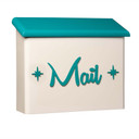  A stylized astro cream-colored large mailbox with a teal lid, featuring the word “Mail” in a mid-century cursive teal script on the front, flanked by small starburst accents on both sides.
