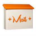  A stylized astro cream-colored large mailbox with a bright orange lid, featuring the word “Mail” in a cursive orange script on the front, flanked by small starburst accents on both sides.