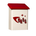  A stylized mid-century cream-colored vertical mailbox with a red lid, featuring the word “MAIL” in atomic or Googie style red letters mounted over oval-shaped metallic accents surrounded by a large boomerang and two starbursts in red on the front.