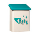  A stylized mid-century cream-colored vertical mailbox with a teal lid, featuring the word “MAIL” in teal letters mounted over oval-shaped metallic accents surrounded by a large boomerang and two starbursts in teal on the front.