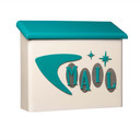 A stylized Googie style mid-century cream-colored large mailbox with a teal lid, featuring the word “MAIL” in teal letters mounted over oval-shaped metallic accents surrounded by a large boomerang and two starbursts in teal on the front.