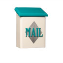  A rectangular, vertical wall-mounted mailbox featuring a cream-colored base and a slanting, bright teal roof. Centered on the front, the word 