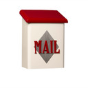  A rectangular, verticall wall-mounted mailbox featuring a cream-colored base and a slanting, red roof. Centered on the front, the word 