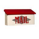  A rectangular, horizontal wall-mounted mailbox featuring a cream-colored base and a slanting, bright red roof. Centered on the front, the word 