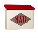 A large wall-mounted mailbox featuring a cream-colored base and a slanting, red roof. Centered on the front, the word 