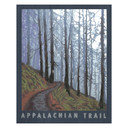  A stylized wood plaque print by Julie Leidel of a misty forest scene with tall trees lining a winding dirt path on a hillside. Soft blue and green tones create a calm, atmospheric view labeled “Appalachian Trail.”
