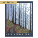  A stylized canvas by Julie Leidel of a misty forest scene with tall trees lining a winding dirt path on a hillside. Soft blue and green tones create a calm, atmospheric view labeled “Appalachian Trail” on a canvas. It's labeled Art Canvas.