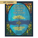  A vibrant artwork by Julie Leidel featuring a solitary tree with a vibrant yellow canopy on a rocky island in serene water, its reflection creating symmetry, backed by deep blue and purple silhouetted mountains, with the quote 
